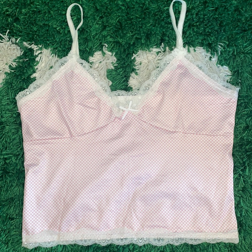 White lace Pink checker top